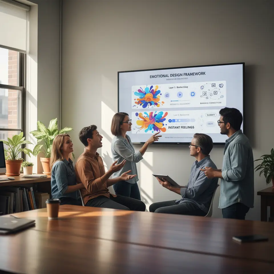 Infographic of the three-tier Emotional Design framework: Layer 1 (Visceral) shows vibrant colors, shapes, and typography evoking instant feelings; Layer 2 (Behavioral) depicts interactive buttons, progress bars, and feedback animations; Layer 3 (Reflective) features memory icons, personal value symbols, and brand storytelling elements.