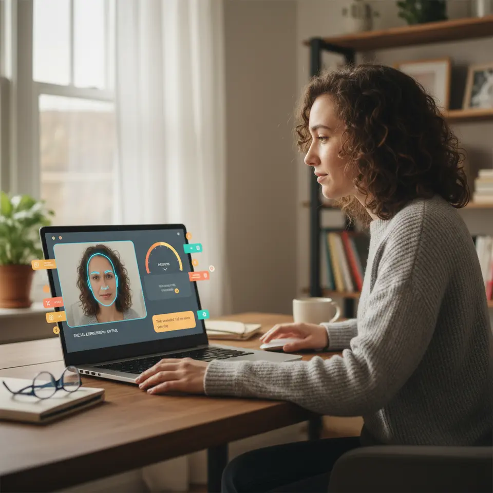 Dynamic AI-driven interface adaptation scene: a user’s webcam feed with facial expression overlay, a real-time sentiment analysis gauge, on-screen UI panels shifting color themes and micro-animations (bounce, fade) to reflect detected emotions, plus a chatbot widget adapting its tone.