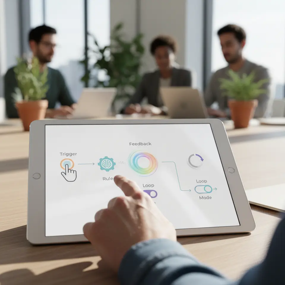 Diagram of the four core components of a microinteraction: show a user tapping a button (Trigger) that feeds into a logic engine icon (Rule), which then emits a colorful pulse (Feedback) and branches into two visuals—an infinite spinning loader (Loop) and a toggle switch flipping on/off (Mode)—with clean arrows and minimalist icons on a light background