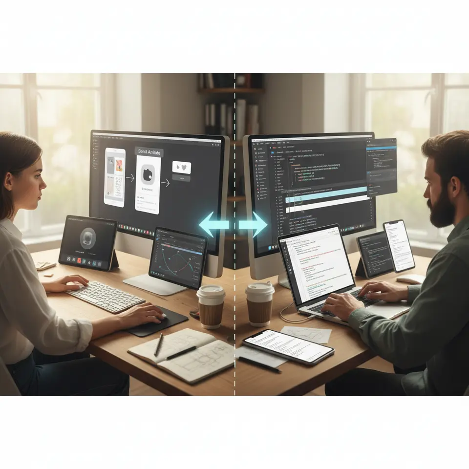 Split-panel workflow illustration of tools and techniques for creating microinteractions: left panel displays design and prototyping tools (Figma mockup with Smart Animate, Adobe XD Auto-Animate preview, Principle timeline) on a designer’s desktop; right panel shows development environment with CSS keyframe snippets, GSAP timeline controls, Lottie animation JSON, and mobile Core Animation/MotionLayout code on a laptop, connected by directional arrows