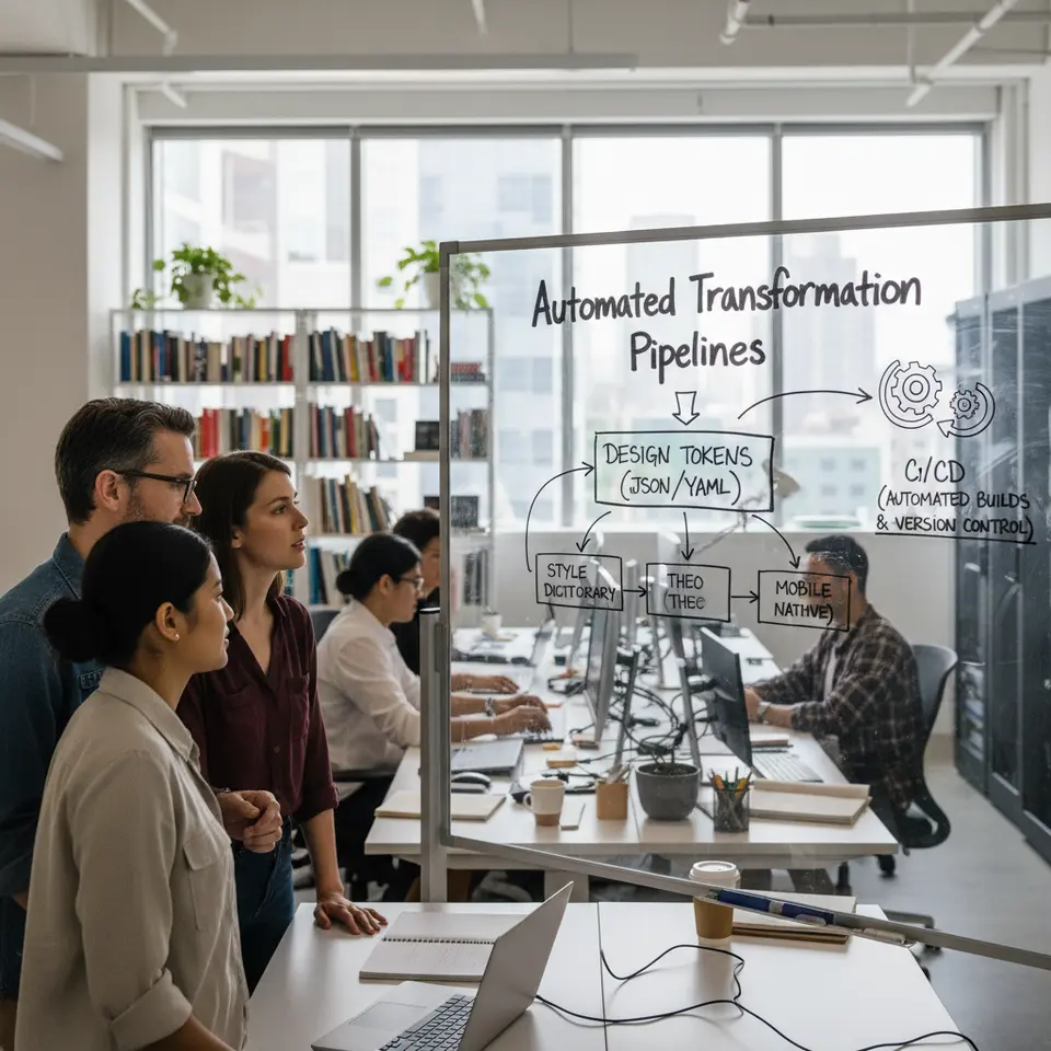 Automated Transformation Pipelines: A flowchart showing a central design token file (JSON/YAML) feeding into tools like Style Dictionary and Theo, with arrows leading to multiple outputs—SCSS for web, JSON for mobile, XML for native—plus CI/CD icons to represent automated builds and version control