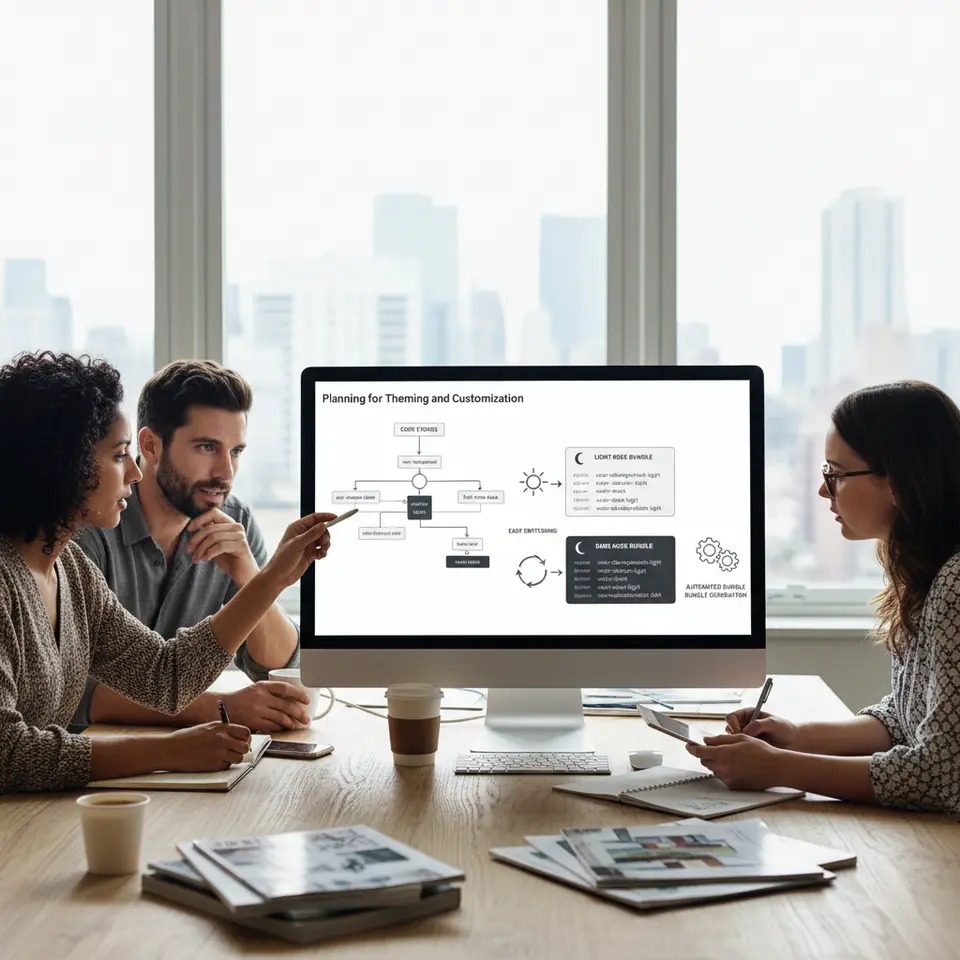 Planning for Theming and Customization: A diagram of a token hierarchy where core tokens branch into theme variants (e.g. color-background referencing color-background-light and color-background-dark), with parallel bundles for light and dark mode and icons representing easy switching and automated bundle generation
