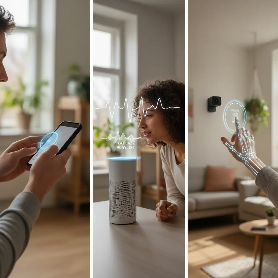 A dynamic illustration of the three core input modalities in multimodal design: on the left, a user’s finger tapping and swiping on a smartphone screen with visual hit-area highlights; in the center, a person speaking a command into a smart speaker with waveform and text-prompt overlays; on the right, a hand performing a mid-air gesture in front of a camera sensor, with skeletal tracking lines and AR interface cues.